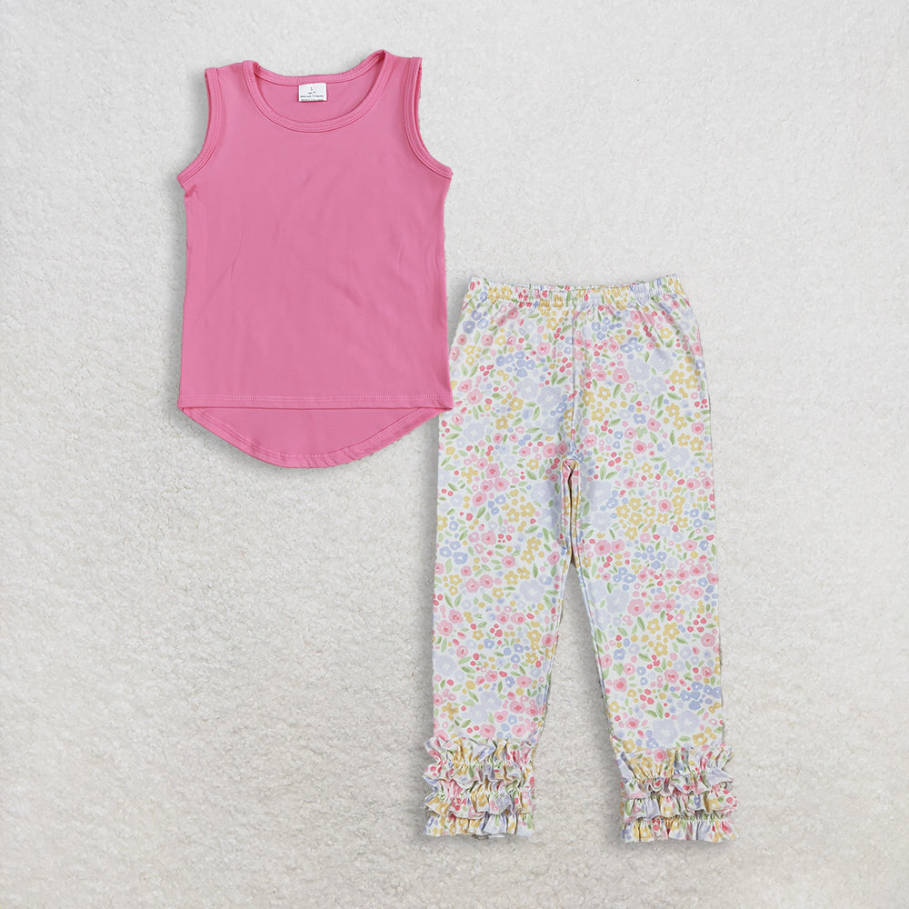 3.12 RTS NO MOQ （In stock）GT0983 + P1005 Baby Girls Pink Sleeveless Vests Tops Flowers Ruffle Legging Pants Bottom
