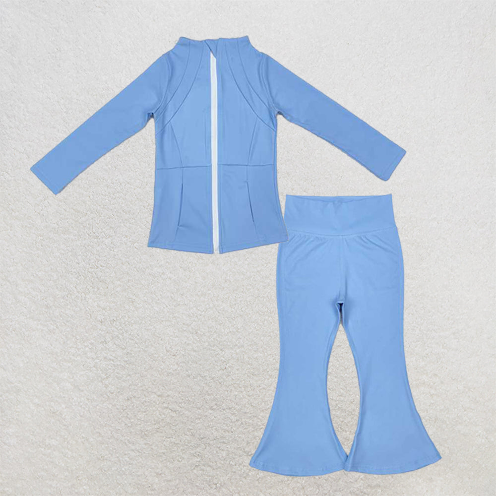 6.03  New Rts No Moq 8-9 Days By Air Arrived it Blue Long Sleeve Zipper Baby Girl's Yoga Outfit Set Comfortable Breathable Yoga Top And Pants Combo for Little Ones