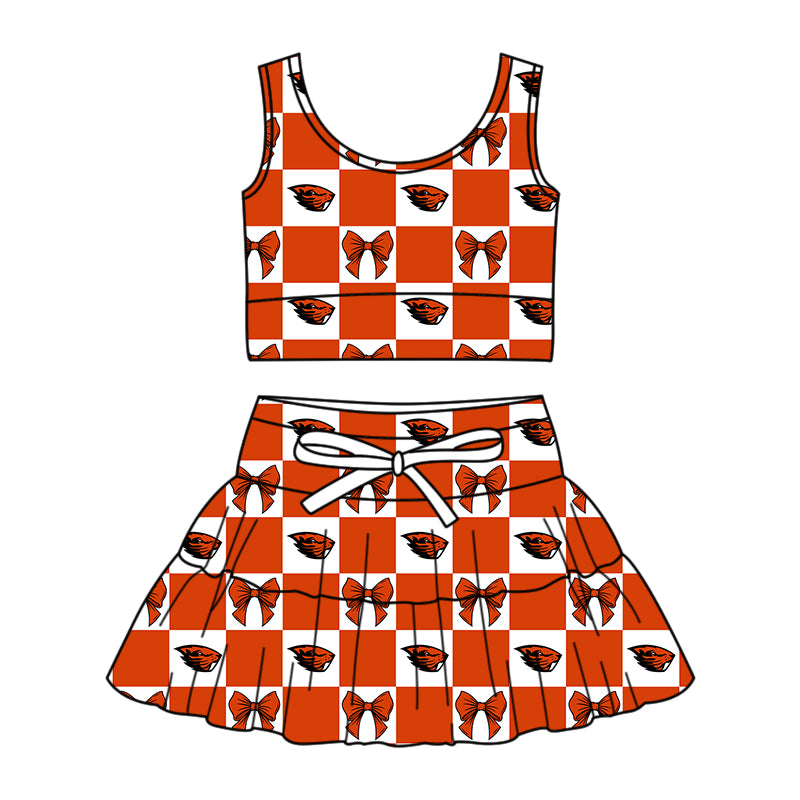 CUSTOM MOQ 5 Sibing Kids Clothing for Girls Baby Girls Orange Bow Top Skirts Yoga Active Team Clothes Sets Knee Length Dress Shorts