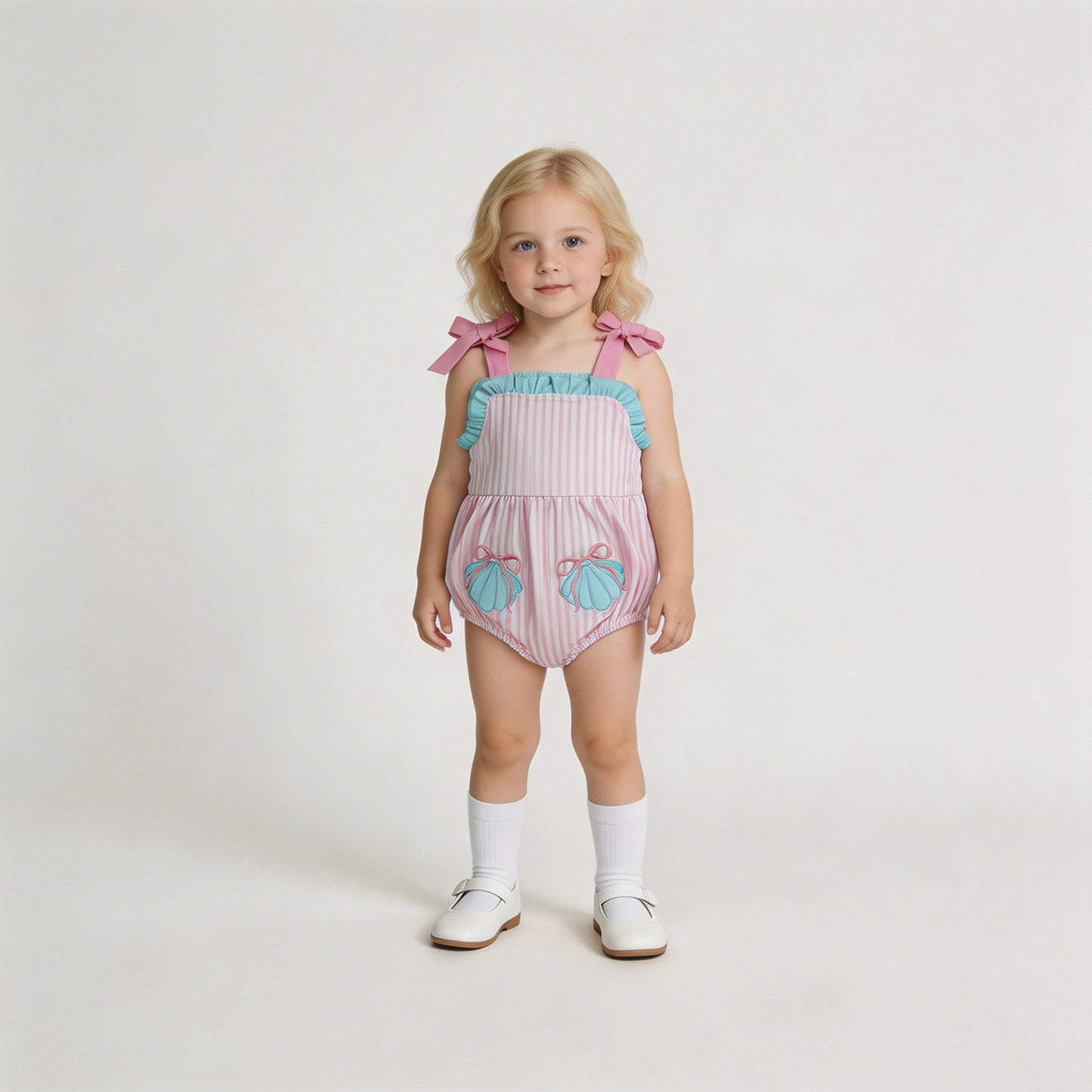 SR4127 RTS NO MOQ （In stock）Embroidery Shell Pockets Baby Girls Strap Pink Stripe Ruffle Rompers