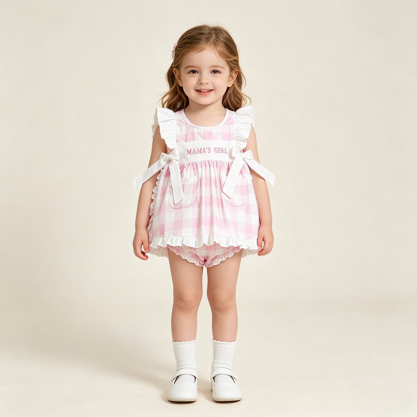 GBO0495 RTS NO MOQ （In stock）Flutter sleeves mama's girl embroidery plaid girls outfits