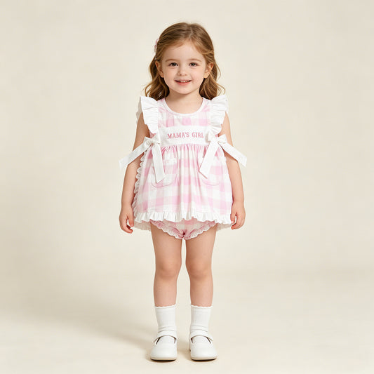 GBO0495 RTS NO MOQ （In stock）Flutter sleeves mama's girl embroidery plaid girls outfits