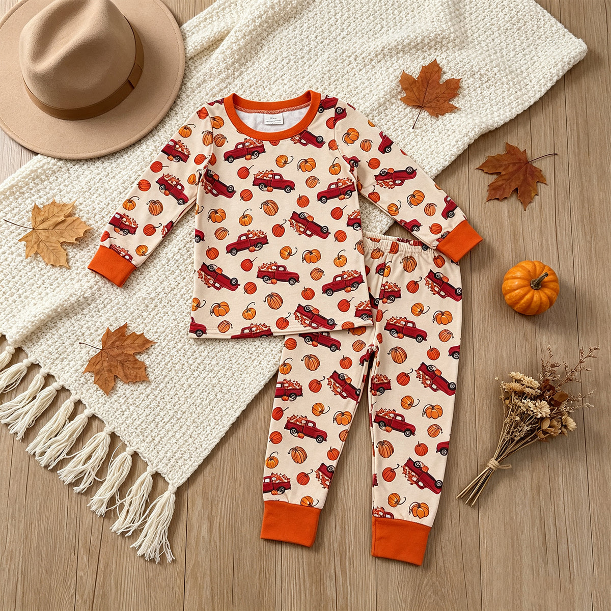 RTS NO MOQ milk silk BLP1541 Baby Boys Pumpkins Trucks Top Pant Fall Pajamas Sets