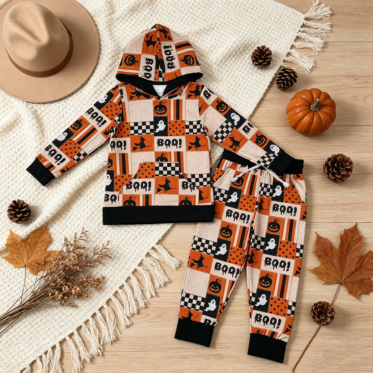 RTS NO MOQ milk silk BLP1544 Baby Boys Ghost Pumpkins Hoodie Pockets Jogger Halloween Clothes Set