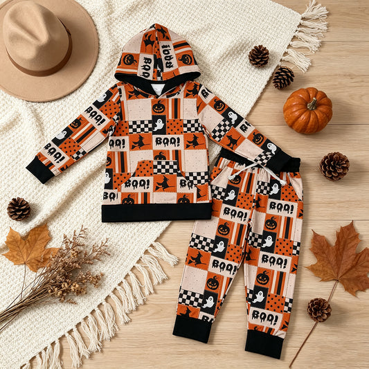 RTS NO MOQ milk silk BLP1544 Baby Boys Ghost Pumpkins Hoodie Pockets Jogger Halloween Clothes Set