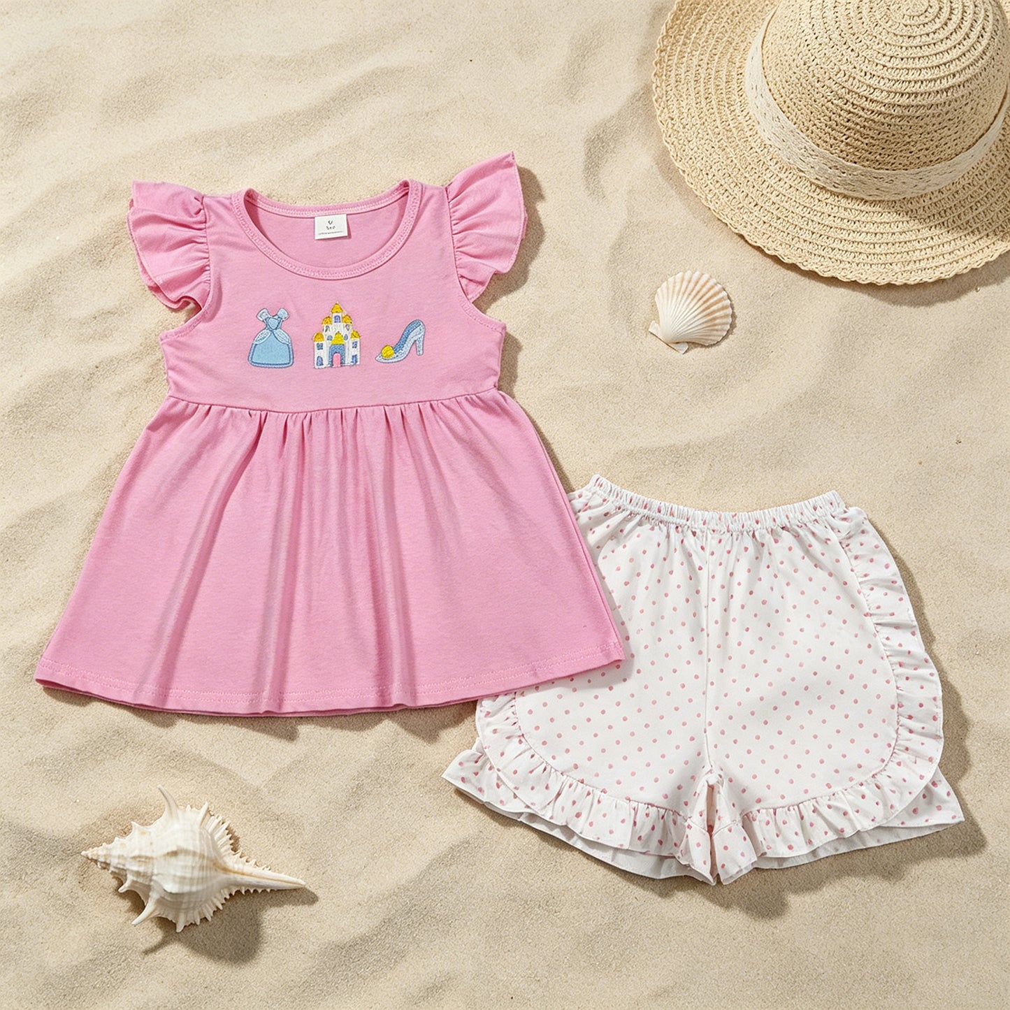 GSSO1186 RTS NO MOQ （In stock ）Embroidery Princess Baby Girls Flutter Sleeve Tunic Ruffle Shorts Clothes Sets