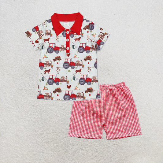 5.15 RTS NO MOQ （In stock）BT1043+SS0076 Red short sleeves tractor chicken goat boys farm polo shirt outfits