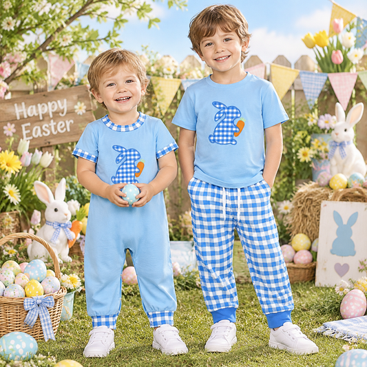 RTS NO MOQ Sibling milk silk Baby Boys Blue Gingham Bunny Carrot Embroidery Romper And Short Sleeve Top Pant Set Regular price$8.00