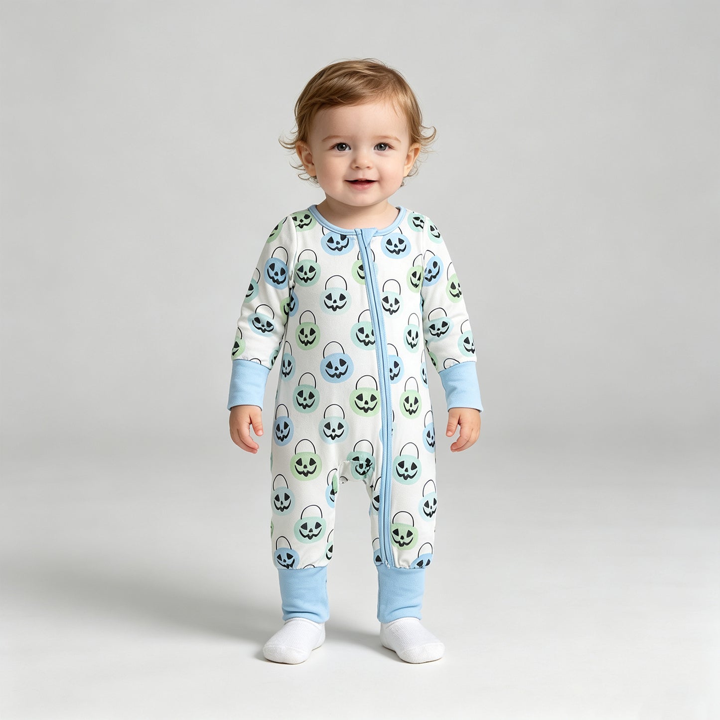 LR2534 RTS NO MOQ （In stock）Light blue pumpkin basket baby boy Halloween zipper romper