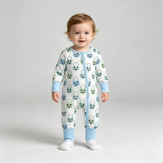 LR2534 RTS NO MOQ （In stock）Light blue pumpkin basket baby boy Halloween zipper romper
