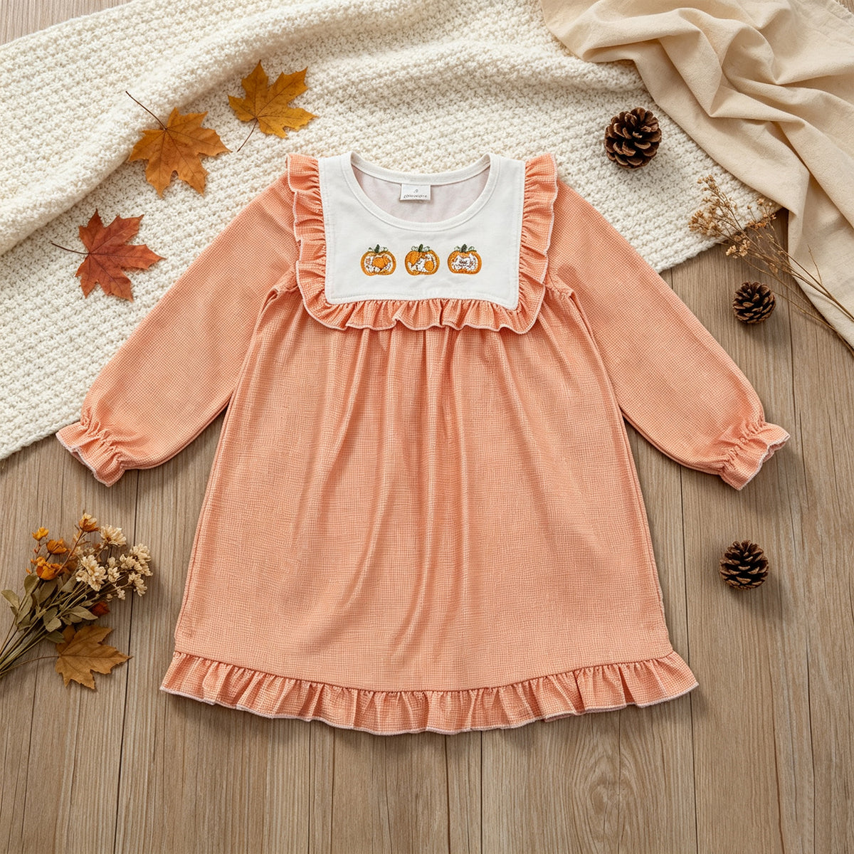RTS NO MOQ （In stock）milk silk GLD1645 Embroidery Pumpkins Baby Girls Fall Ruffle Knee Length Dresses