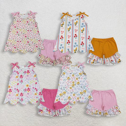3.37 RTS Sibling Sleeveless floral bow scallop top orange shorts girls outfits