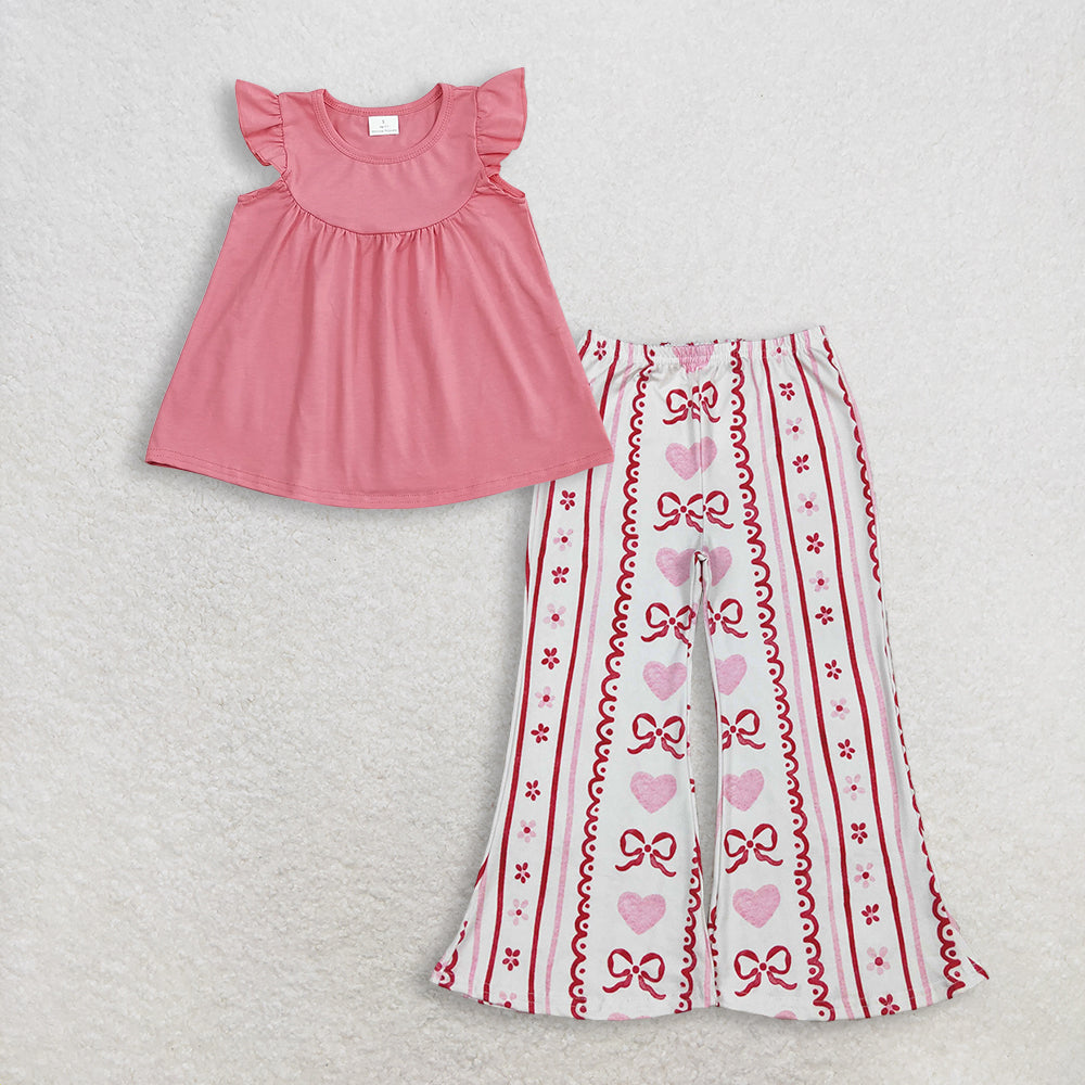 3.11 RTS NO MOQ （In stock）GT0462 + P0894 Baby Girls Dark Pink Flutter Sleeve Tunic Tops Bows Hearts Flowers Stripe Valentines Flare Pants Bottom