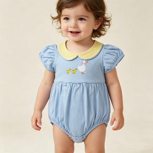 SR3298 RTS NO MOQ （In stock）Light blue short sleeves goose baby girls summer romper