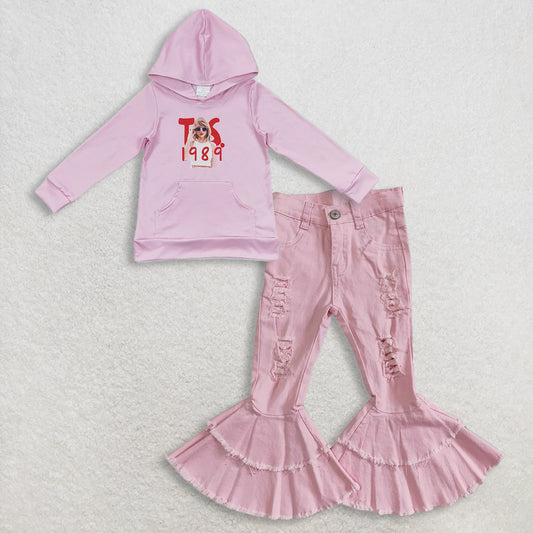 11.1 RTS NO MOQ （In stock）GT0436 + P0005 Baby Girls Hooded 1989 Pink Singer Long Sleeve Shirts Tops ruffle denim pants jeans