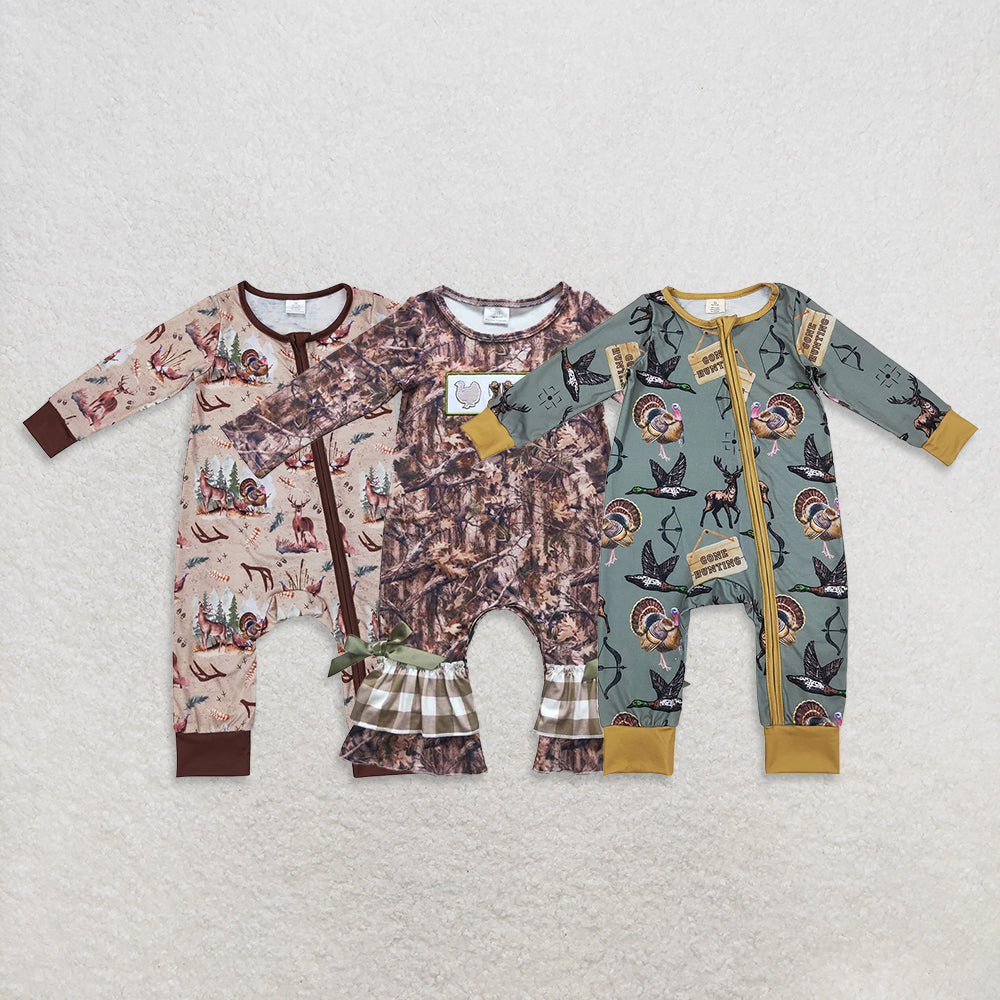 USA Warehouse (IN STOCK) Camo Deer Ruffle Baby Girls Romper Long Sleeves Zipper Sleepers Unisex Baby Outfit