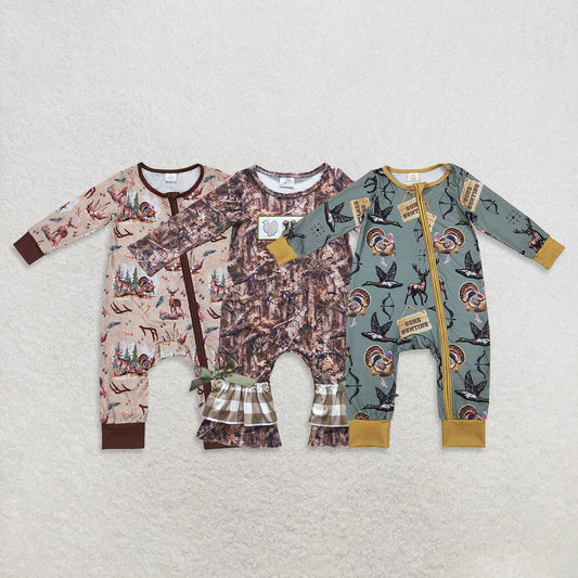 USA Warehouse (IN STOCK) Camo Deer Ruffle Baby Girls Romper Long Sleeves Zipper Sleepers Unisex Baby Outfit