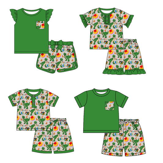 FLOWERSGreen ruffle short sleeves dinosaur girls summer pajamas