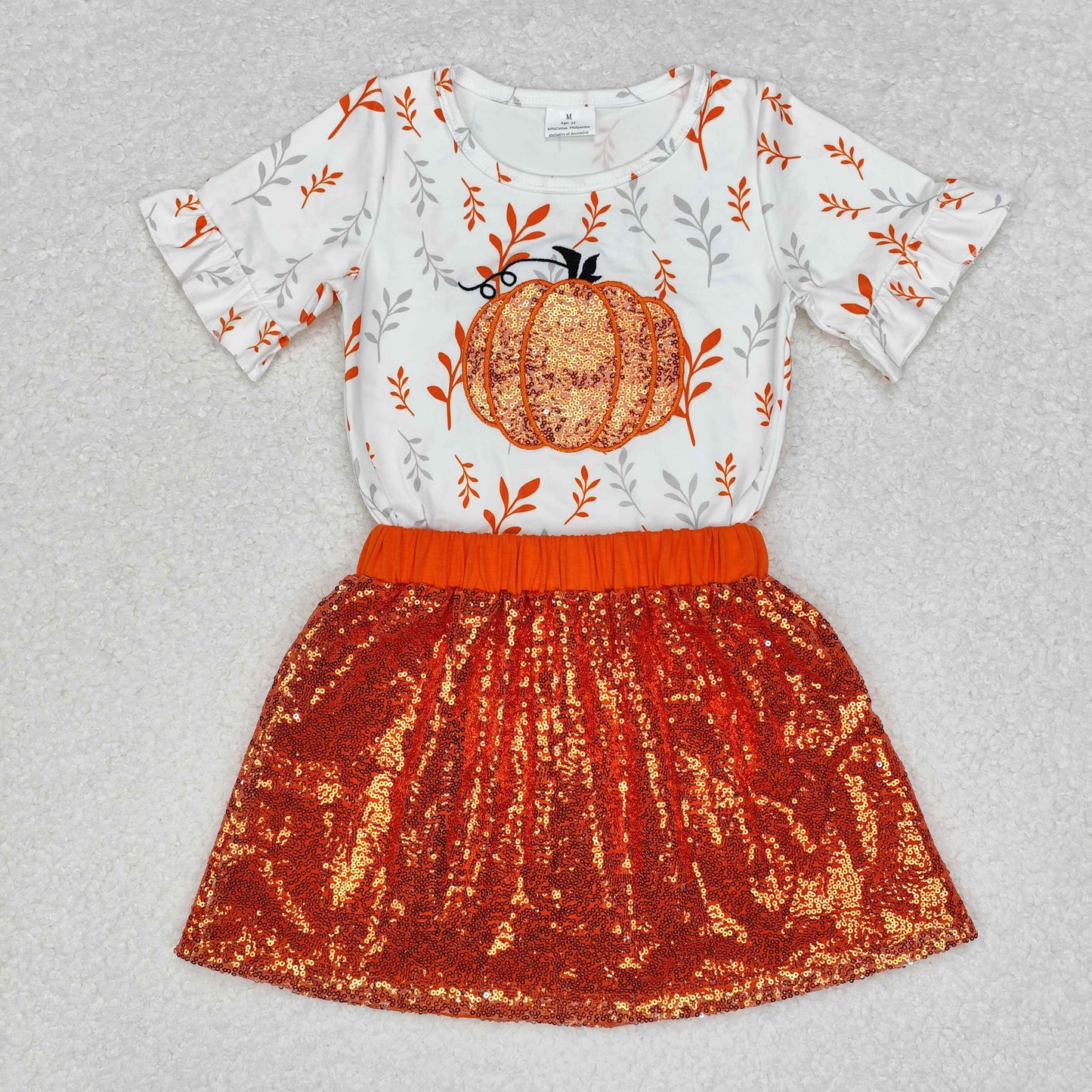 RTS NO MOQ ETA 5/7days GSD1399 Embroidered pumpkin white short sleeve orange sequin skirt suit