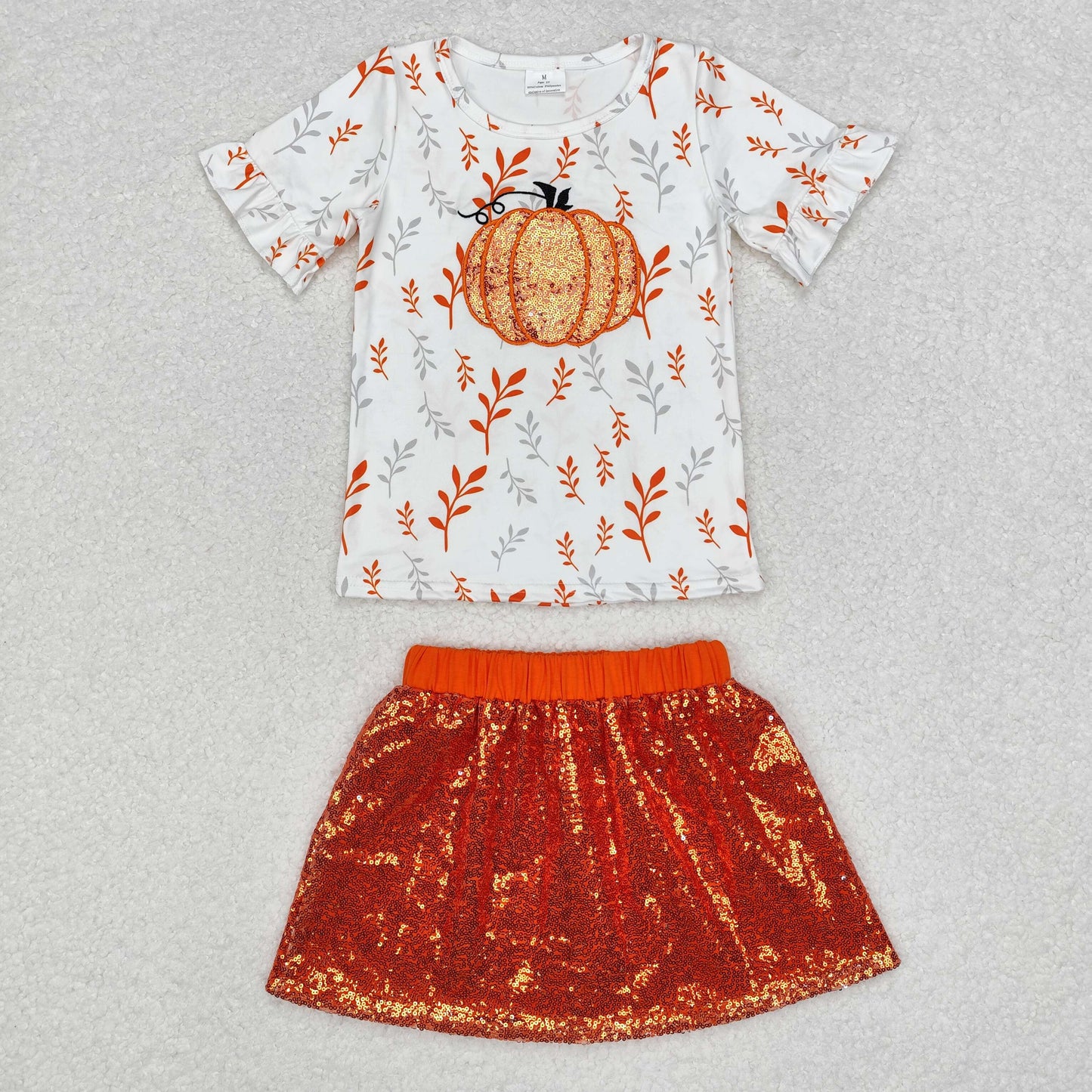 RTS NO MOQ ETA 5/7days GSD1399 Embroidered pumpkin white short sleeve orange sequin skirt suit