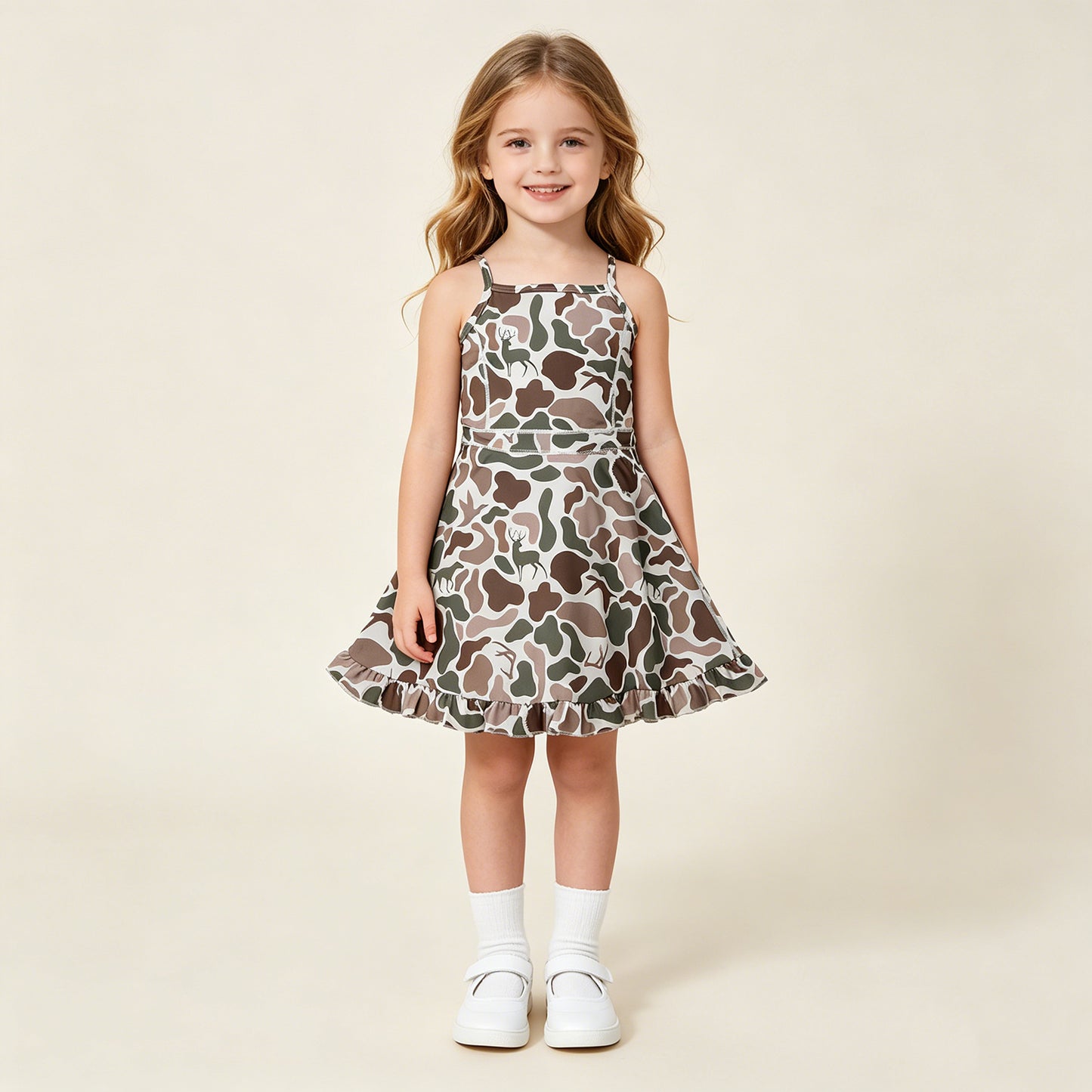 GSD4117 RTS NO MOQ （In stock）Baby Girls Strap Green Deer Dogs Ducks Camo Yoga Ruffle Knee Length Dresses