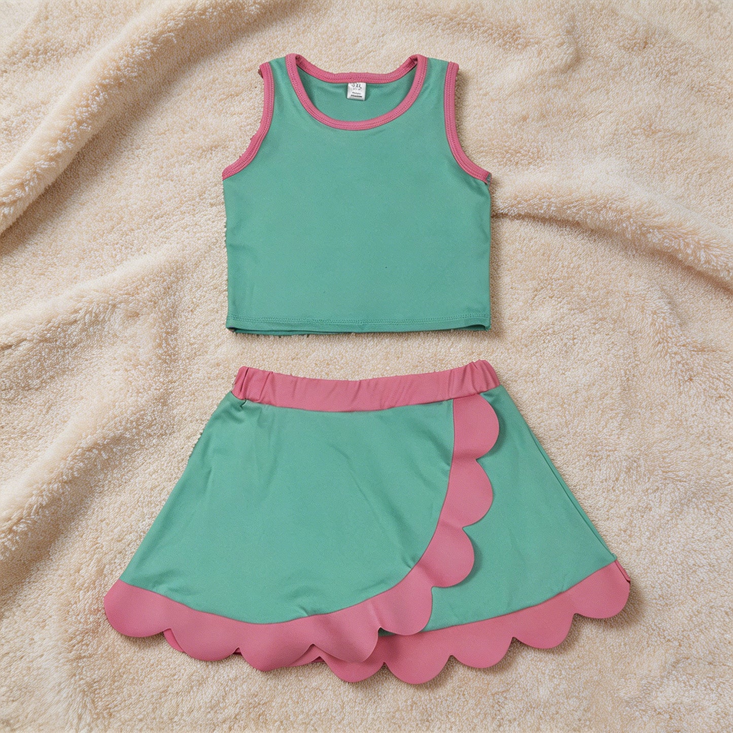 GSD4012 RTS NO MOQ （In stock）Baby Girls Sleeveless Light Blue Vest Scallop Skirt Short Yoga Active Clothes
