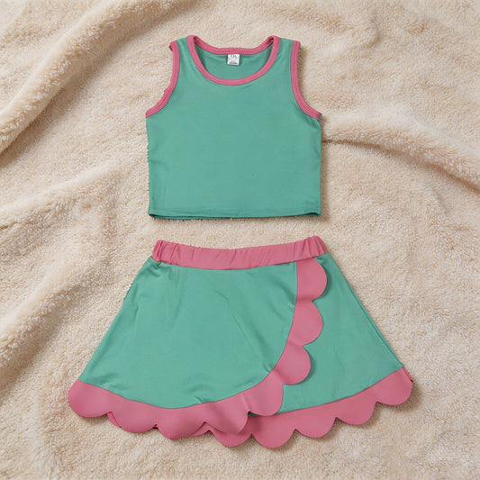 GSD4012 RTS NO MOQ （In stock）Baby Girls Sleeveless Light Blue Vest Scallop Skirt Short Yoga Active Clothes