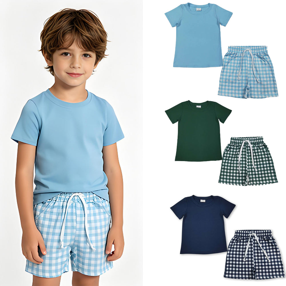 RTS Sibling Short sleeves light blue top plaid shorts boys summer outfits