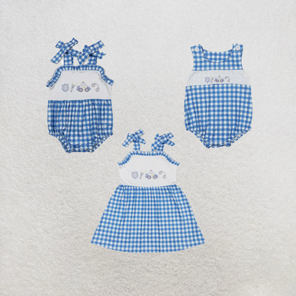 RTS Sibling Blue plaid straps police car girls summer dresses and romper