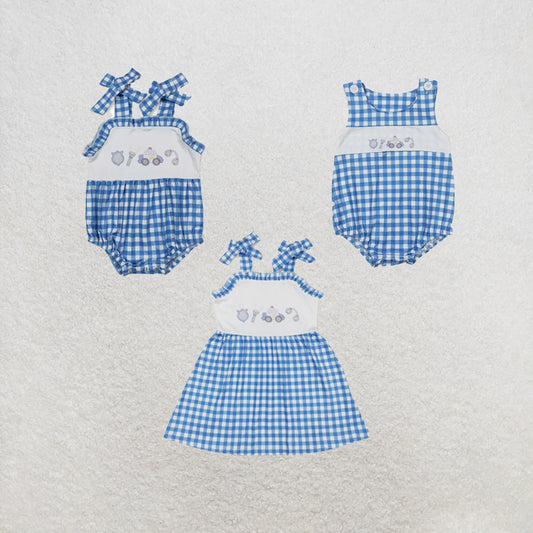 RTS Sibling Blue plaid straps police car girls summer dresses and romper