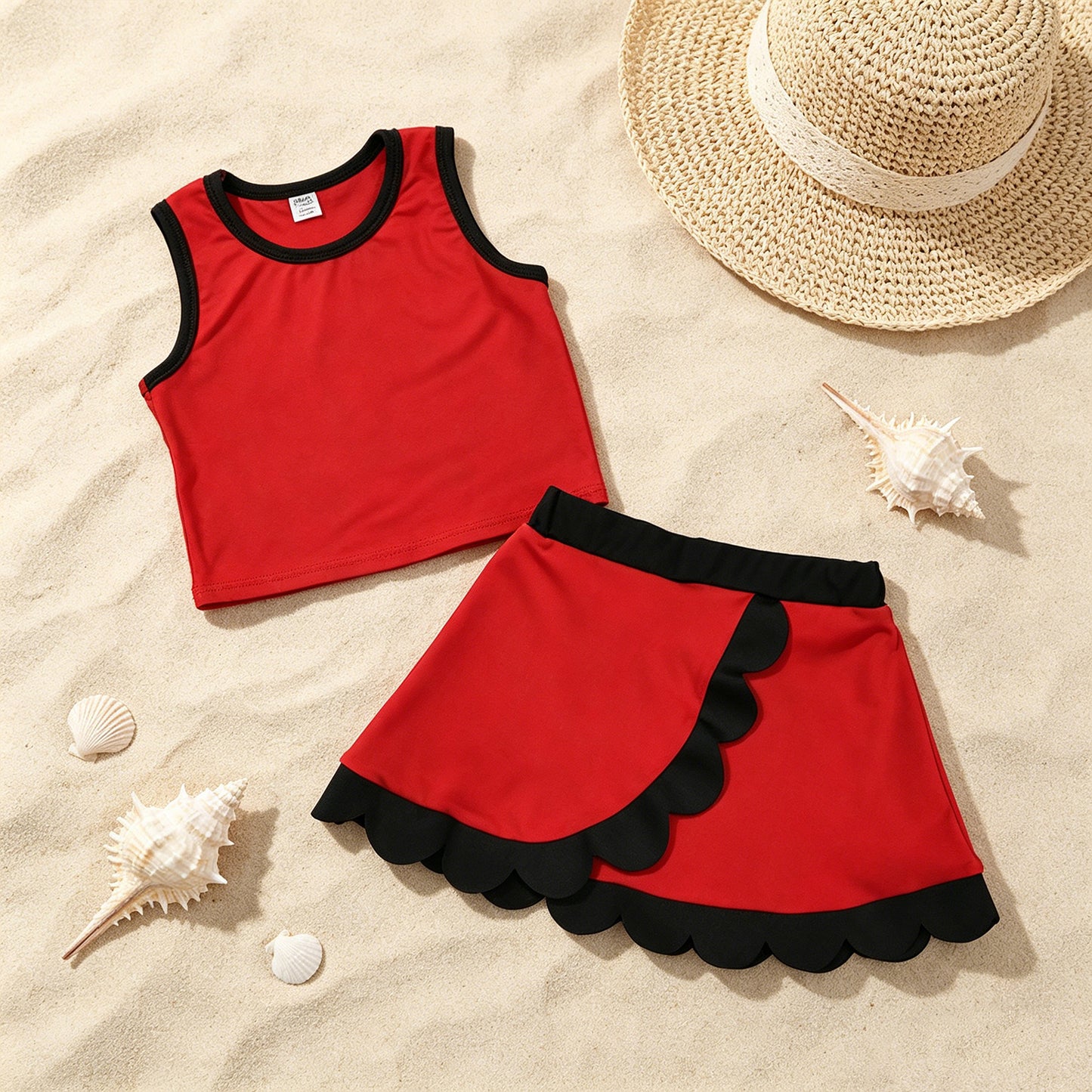 GSD4028 RTS NO MOQ （In stock ）Sleeveless red black scallop girls team active wear set