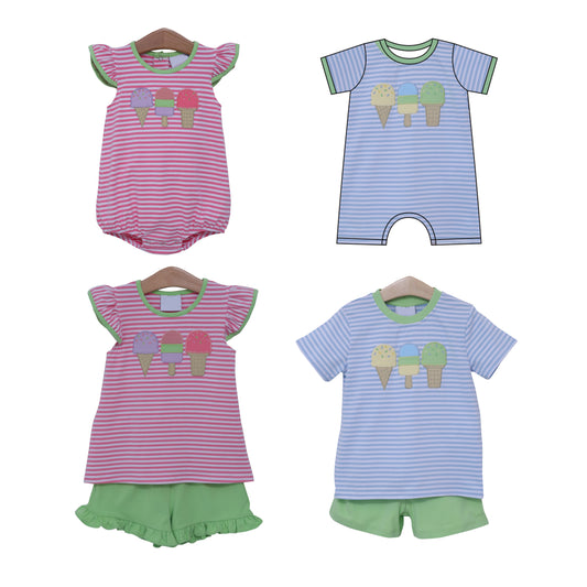 Girls Pink Stripe Popsicle Print Top Green Shorts Summer Outfit Set Children's Clothing Casual Kids' Summer Set