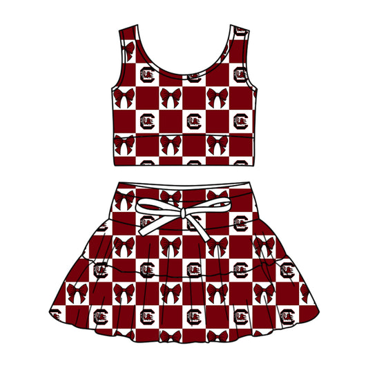 CUSTOM MOQ 5 Kids Clothing for Girls Baby Girls Red C Bow Top Skirts Yoga Active Team Clothes Sets