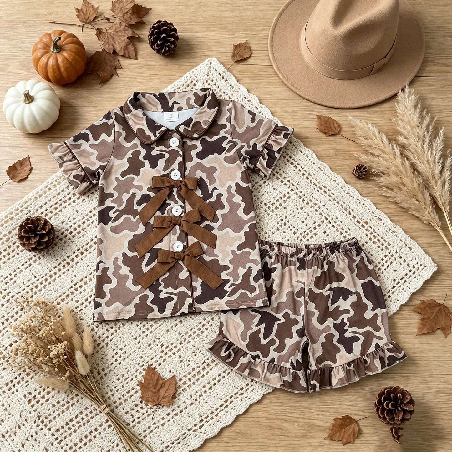 GSSO3368 RTS NO MOQ （In stock）milk silk  Baby Girls Southern Khaki Ducks Camo Bows Button Top Ruffle Shorts Hunting Pajamas Sets