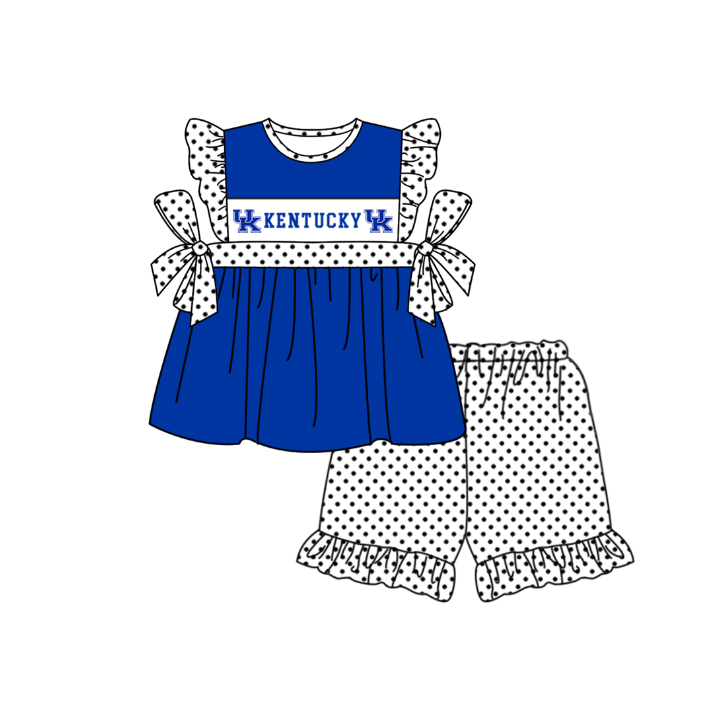 CUSTOM MOQ 5 Sibling Boys Baby Girls Blue Polka Dots Top Shorts Clothes Set Knee Length Dress Rompers