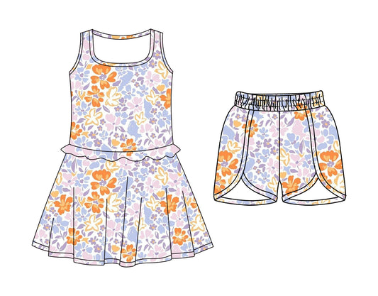 CUSTOM MOQ 5 Sibling Baby Girls Sleeveless Purple Flowers Knee Length Dress Shorts Yoga Athletic Sets