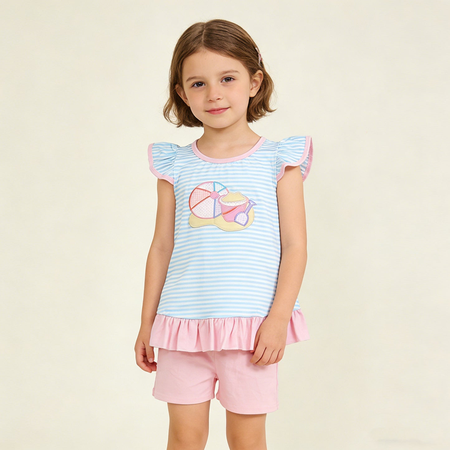 4.7 GSSO3109 RTS NO MOQ （In stock ）Embroidery Beach Baby Girls Blue Stripe Tunic Pockets Shorts Clothes Sets