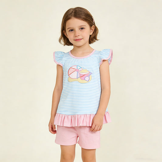 4.7 GSSO3109 RTS NO MOQ （In stock ）Embroidery Beach Baby Girls Blue Stripe Tunic Pockets Shorts Clothes Sets