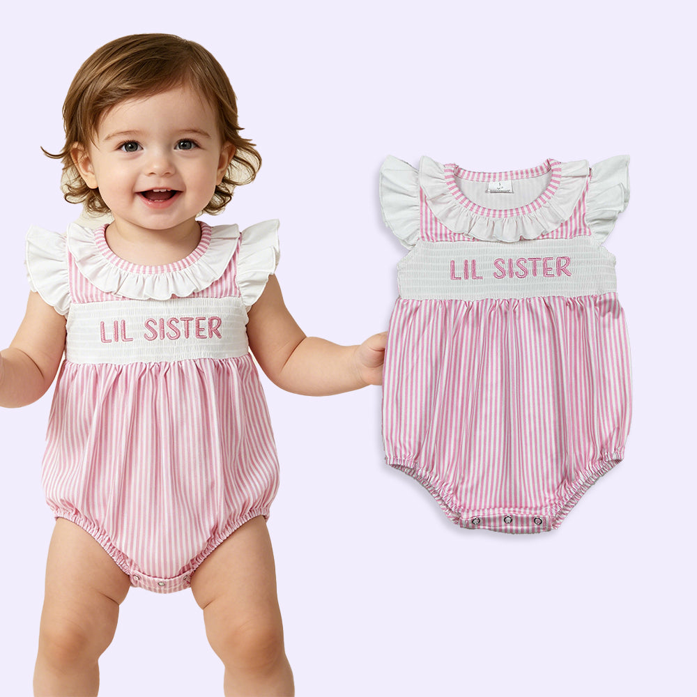 SR3593 RTS NO MOQ （In stock）Flutter sleeves LIL SISTER smocked stripe baby romper