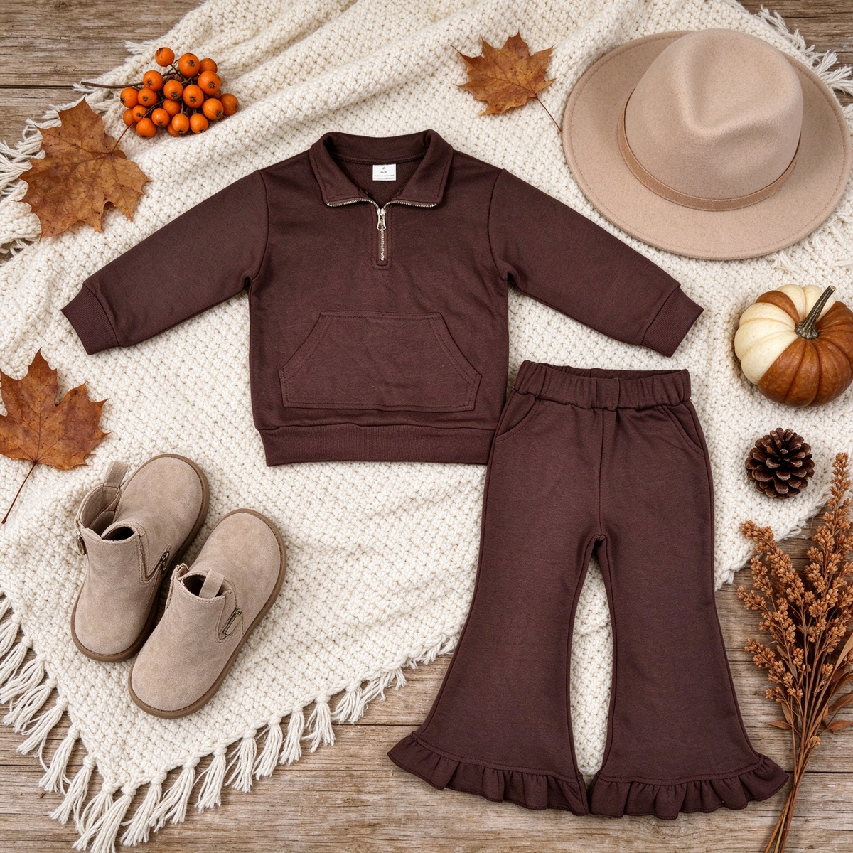 RTS NO MOQ （In stock）fleece GLP3491（GT1766+P1074）Baby Girls Brown Zip Pockets Top Ruffle Flare Pant Sweater Clothes Set Cute Casual Outfit
