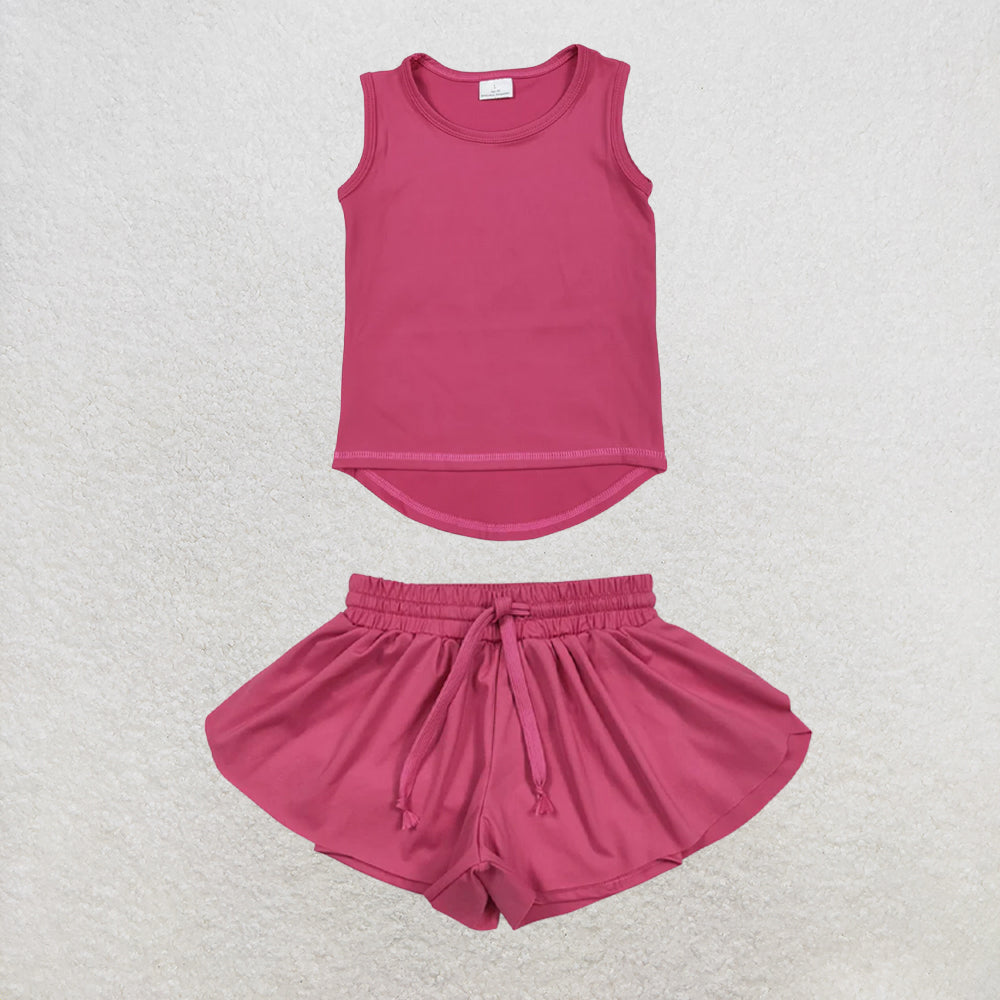 5.25 RTS NO MOQ （In stock）GT0982+SS0545 Hot pink sleeveless kids girls activewear top with activewear summer yoga shorts