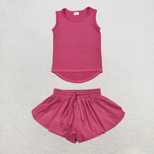5.25 RTS NO MOQ （In stock）GT0982+SS0545 Hot pink sleeveless kids girls activewear top with activewear summer yoga shorts