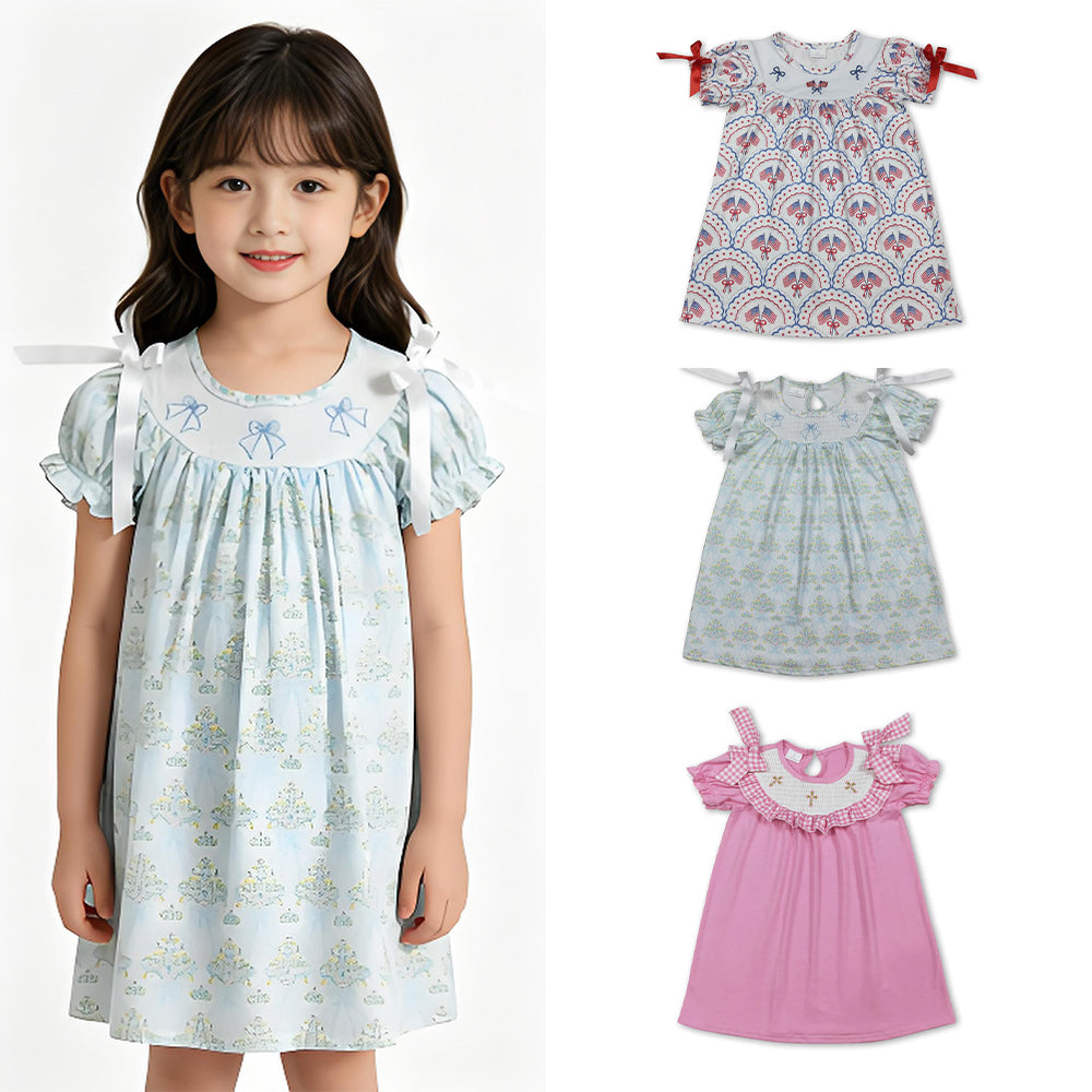 4.15 RTS Sibling Short sleeves bow smocked floral baby girls dresses