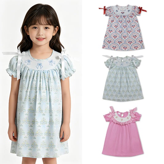 4.15 RTS Sibling Short sleeves bow smocked floral baby girls dresses