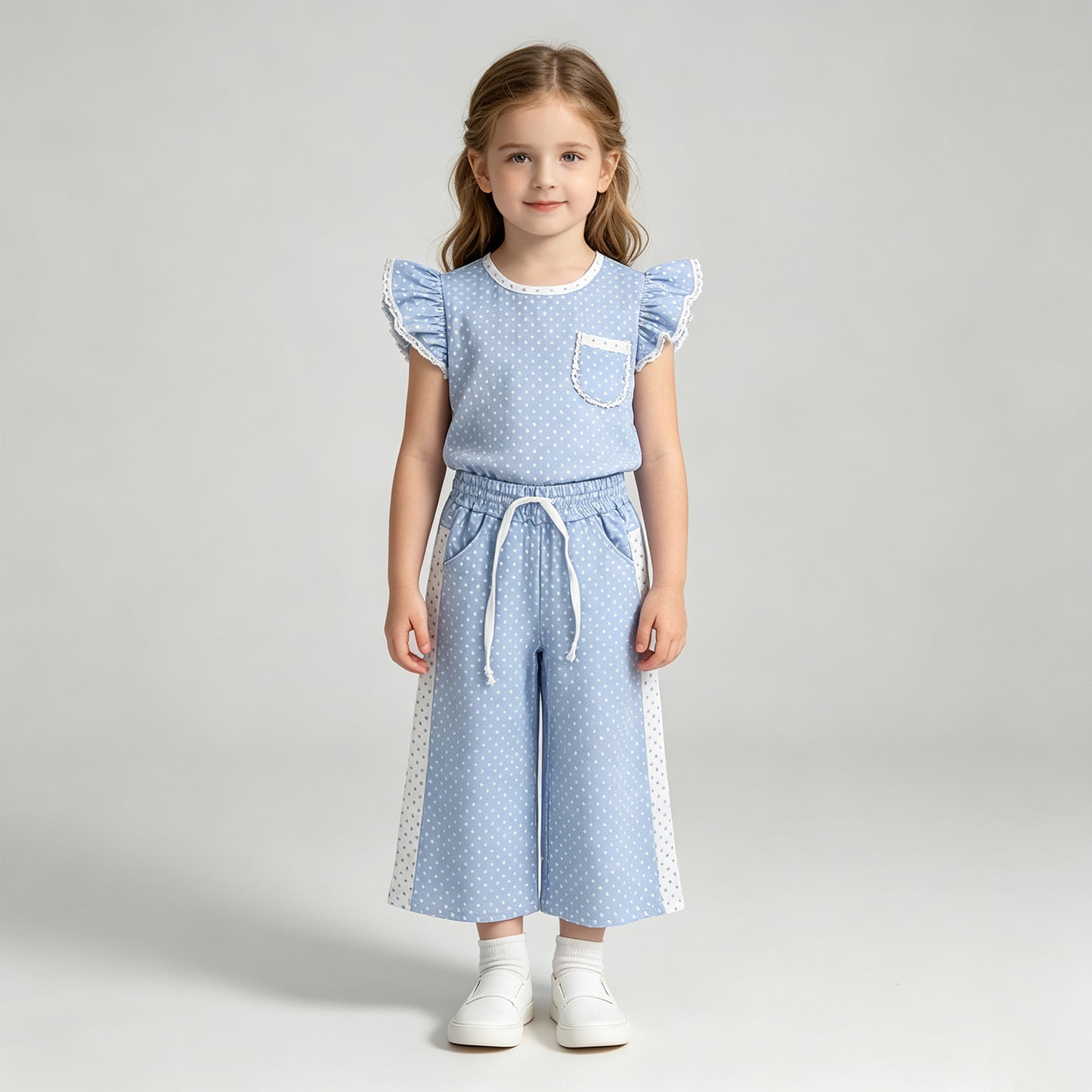 GSPO2331 RTS NO MOQ （In stock）Baby Girls Light Blue Polka Dots Print Pocket Long Sleeve Top Bell Bottom Flare Pants Outfit