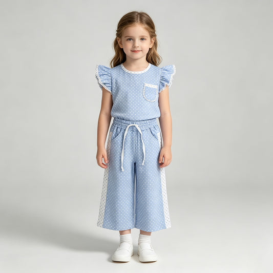 GSPO2331 RTS NO MOQ （In stock）Baby Girls Light Blue Polka Dots Print Pocket Long Sleeve Top Bell Bottom Flare Pants Outfit