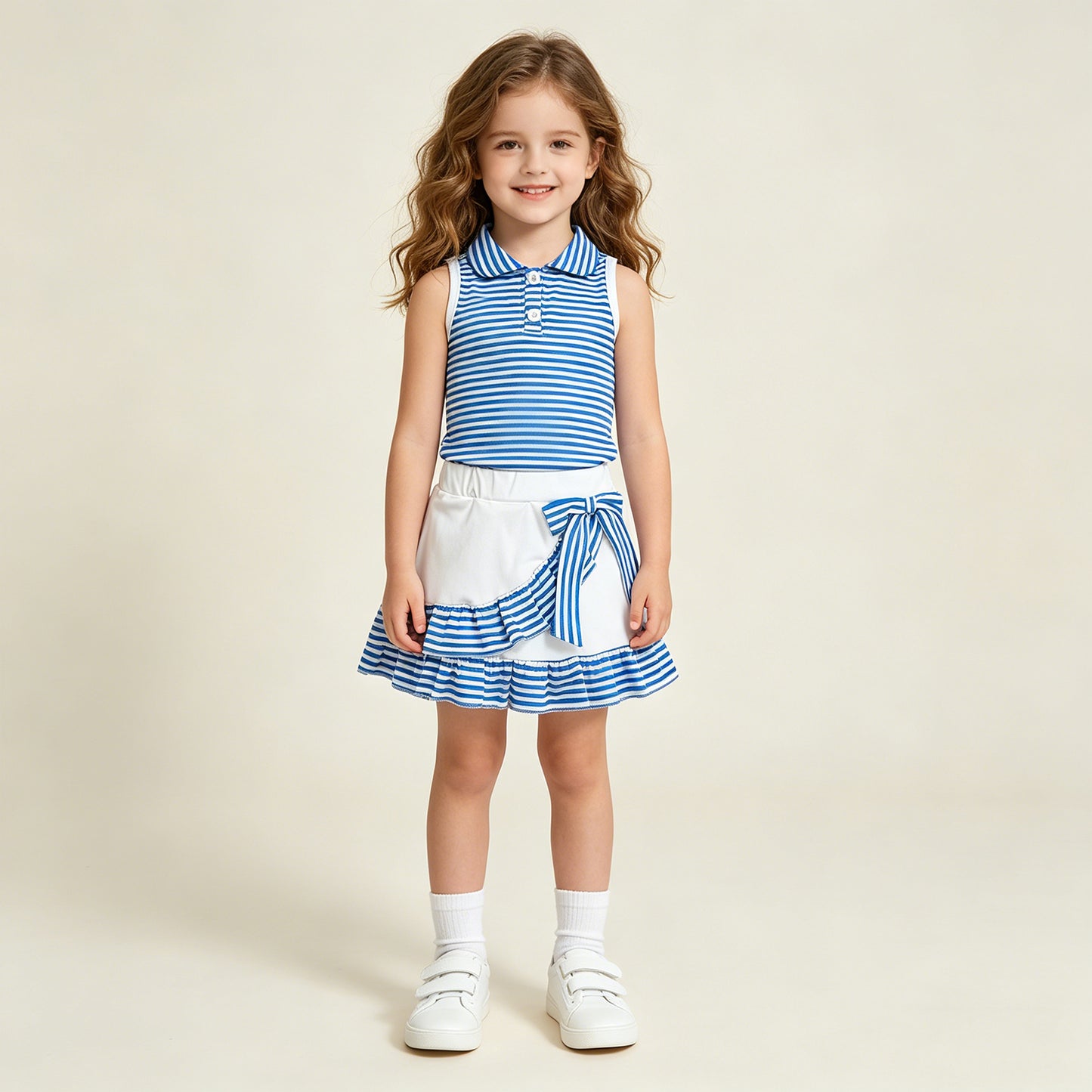 GSD3661 RTS NO MOQ （In stock ）Sleeveless blue stripe polo top skirt girls team active outfit