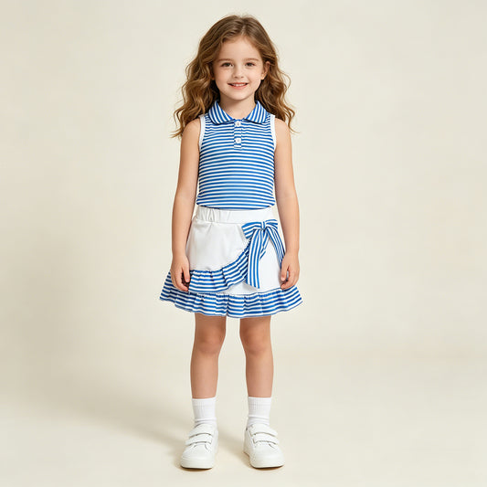 GSD3661 RTS NO MOQ （In stock ）Sleeveless blue stripe polo top skirt girls team active outfit