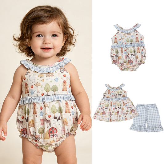 RTS Sibling Sleeveless farm ruffle tunic plaid shorts girls summer outfits and romper