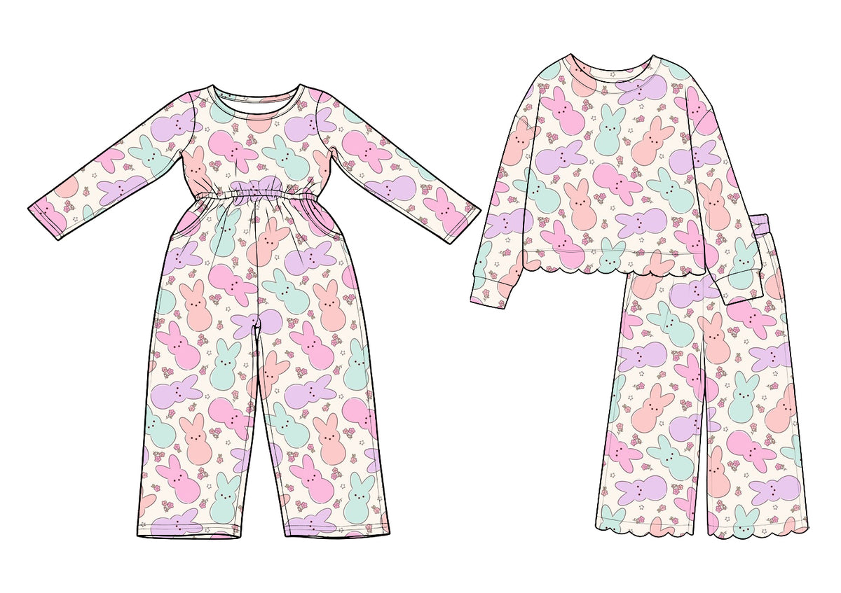 (Preorder new) No moq cotton Baby Girls Bunny Print Jumpsuit And Girls Scalloped Top Wide Leg Pants Set